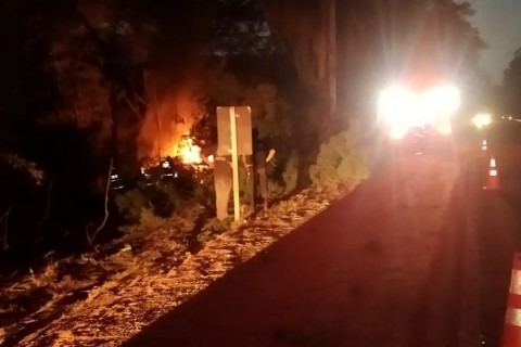 Carreta bitrem tomba, pega fogo e provoca incêndio às margens da BR-262 em Corumbá